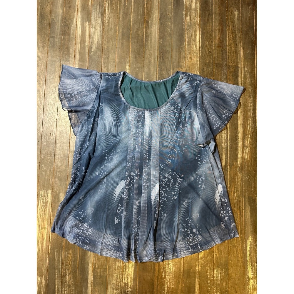 Emery‎ Rose Blue Abstract Wave Print Flutter Sleeve Pleated Blouse Top
